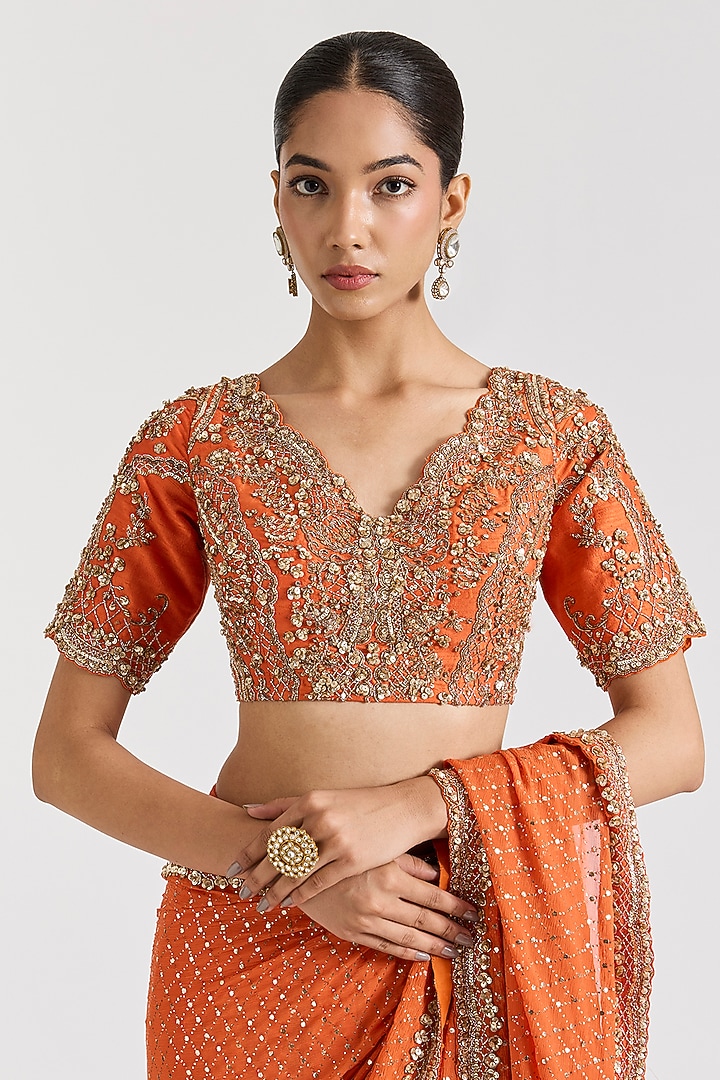 Orange Chiffon Silver Embroidered Kalidar Bridal Saree Set by Dolly J at Pernia's Pop Up Shop