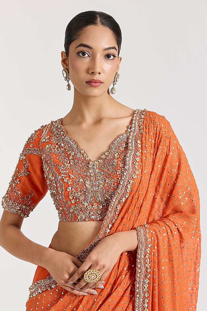Orange Chiffon Silver Embroidered Kalidar Bridal Saree Set by Dolly J at Pernia's Pop Up Shop