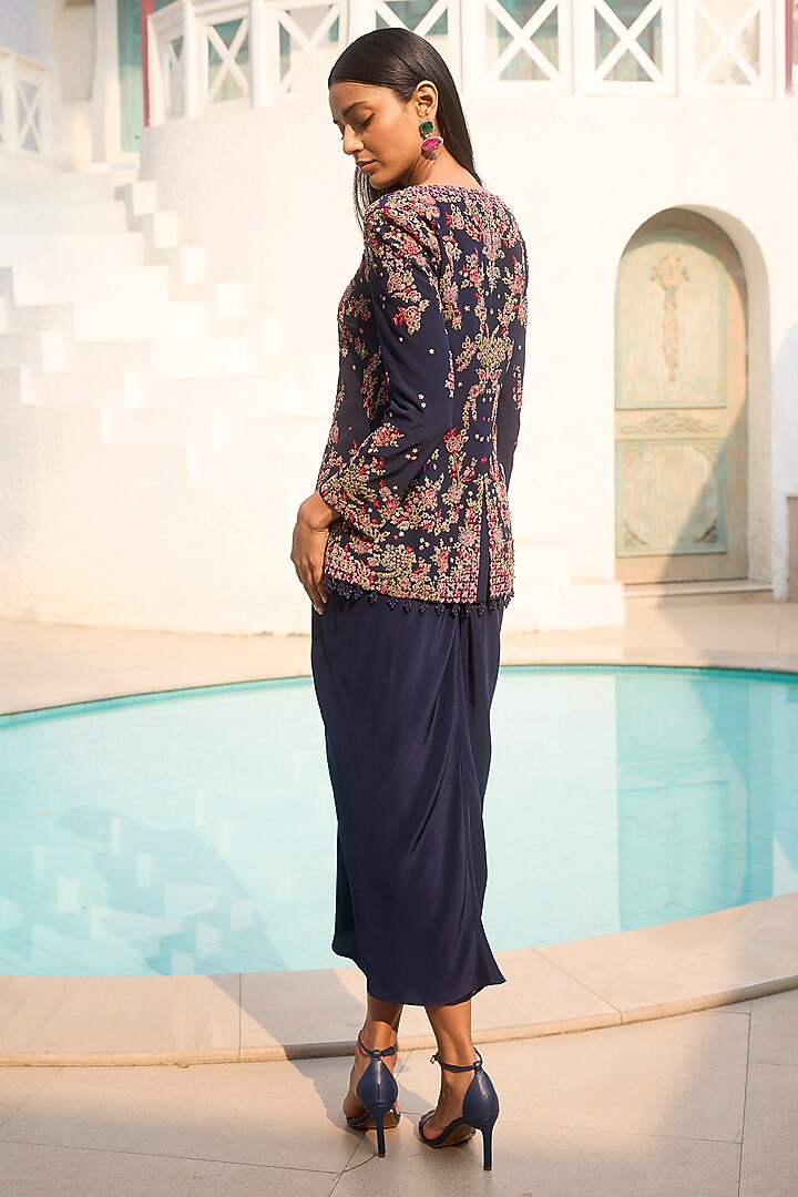 Persian Blue Chiffon Dori Embroidered Jacket Kurta Set by Dolly J at Pernia's Pop Up Shop
