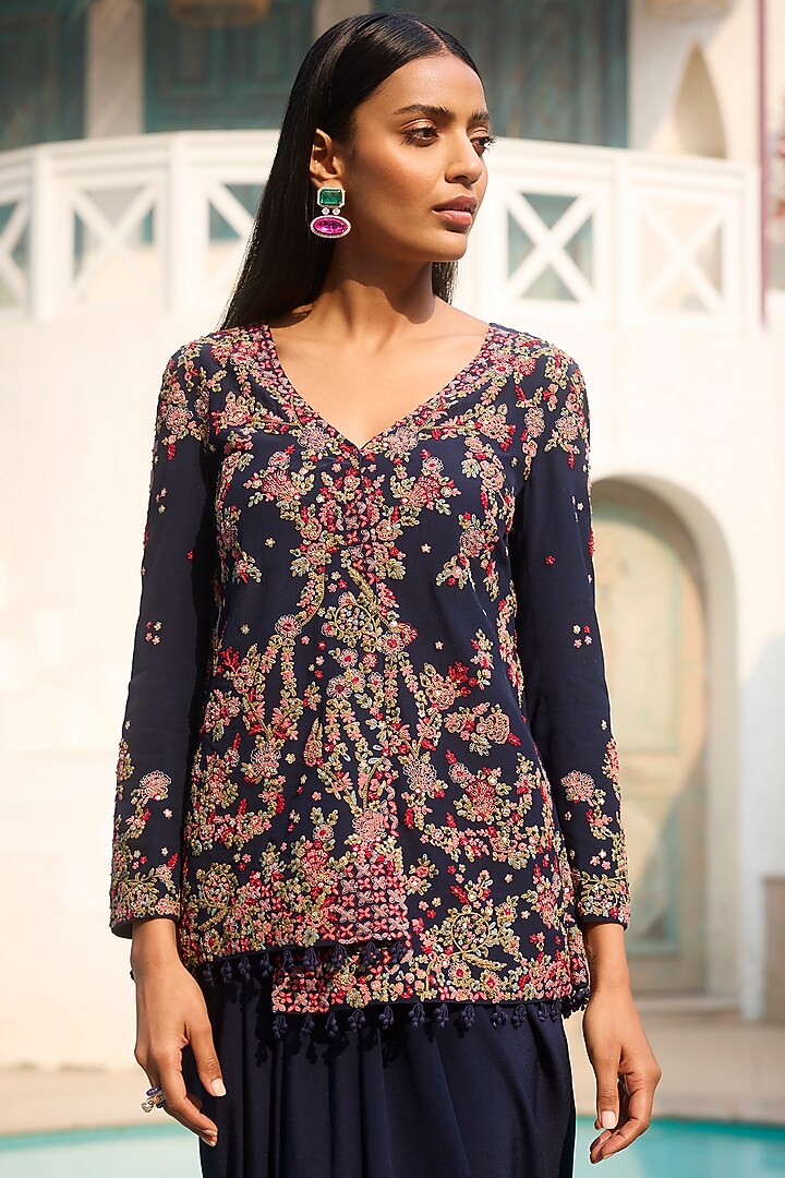 Persian Blue Chiffon Dori Embroidered Jacket Kurta Set by Dolly J at Pernia's Pop Up Shop