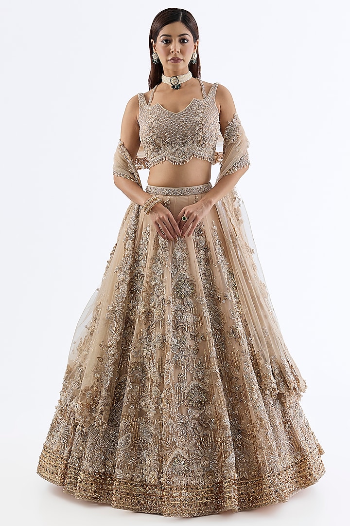 Ivory Net Dori Embroidered Bridal Lehenga Set by Dolly J at Pernia's Pop Up Shop