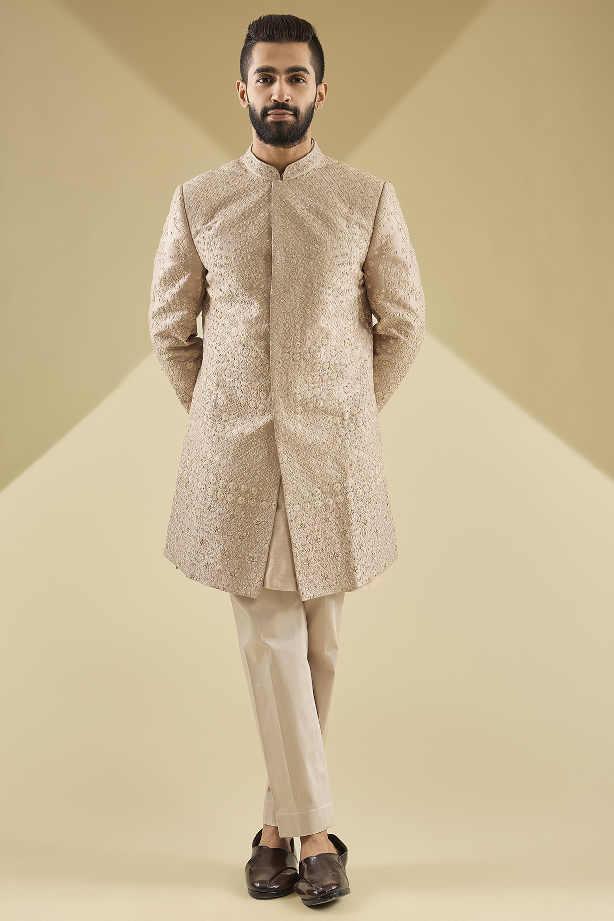 Beige Tissue Embroidered Sherwani Set by Dolly J MAN