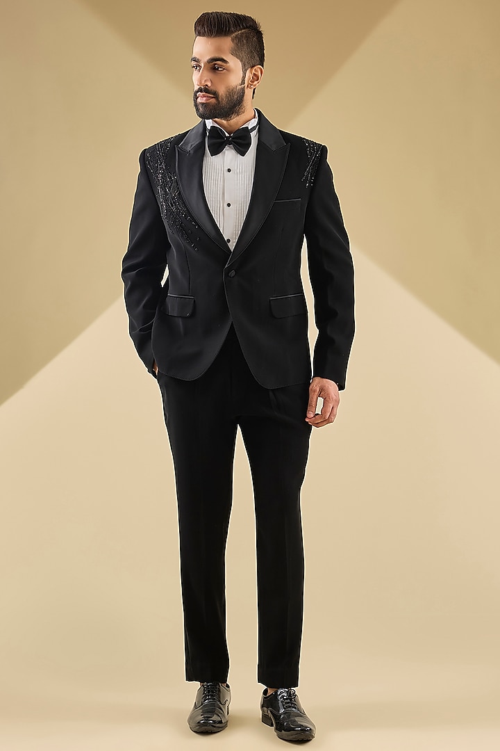 Black Japanese Crepe Beaded Tuxedo Set by Dolly J MAN