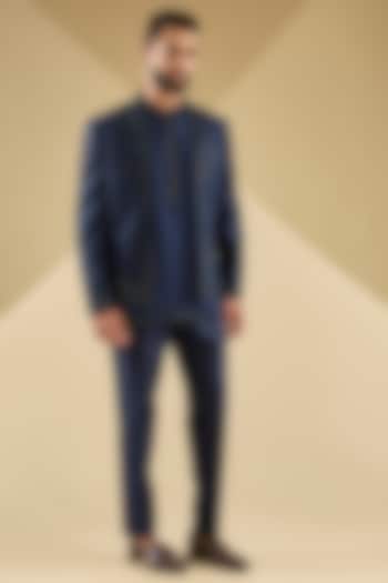 Midnight Blue Raw Silk Embroidered Jacket Set by Dolly J MAN