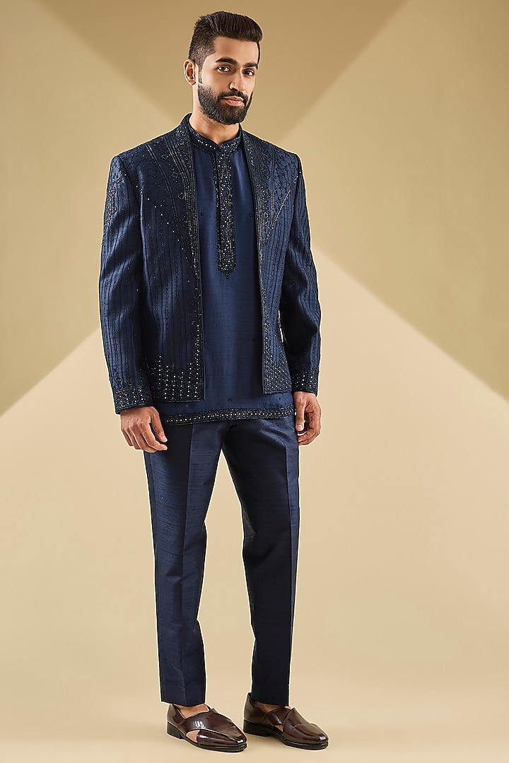 Midnight Blue Raw Silk Embroidered Jacket Set by Dolly J MAN