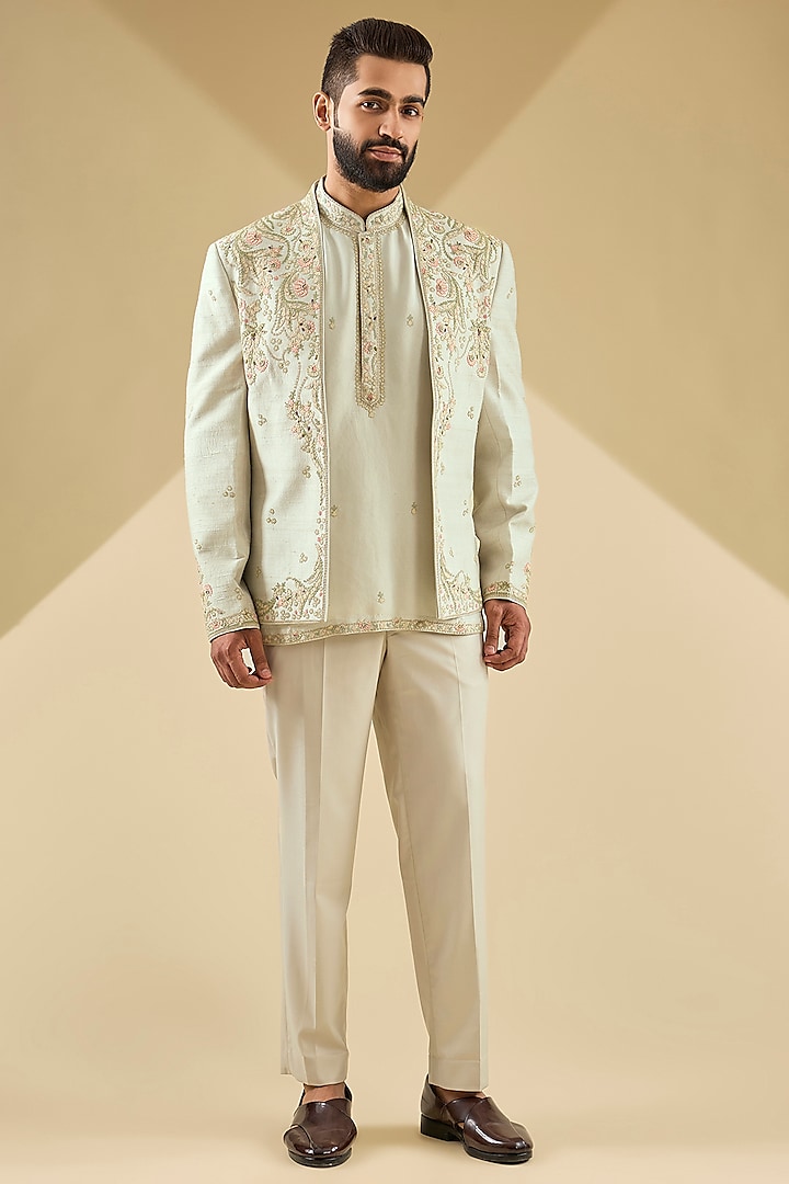 Sea Green Raw Silk Dori Embroidered Jacket Set by Dolly J MAN
