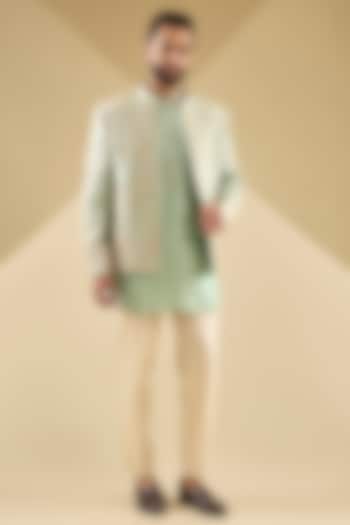 Pistachio Green Raw Silk Dori Embroidered Jacket Set by Dolly J MAN