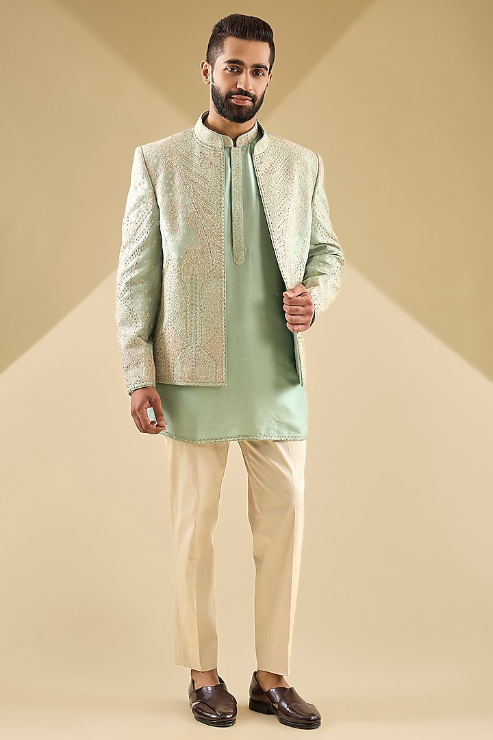 Pistachio Green Raw Silk Dori Embroidered Jacket Set by Dolly J MAN