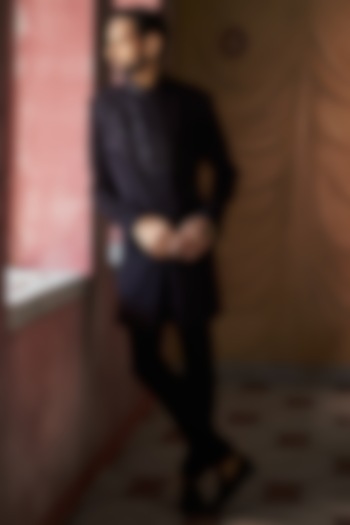 Black Japanese Crepe Embroidered Achkan Jacket Set by Dolly J MAN at Pernia's Pop Up Shop