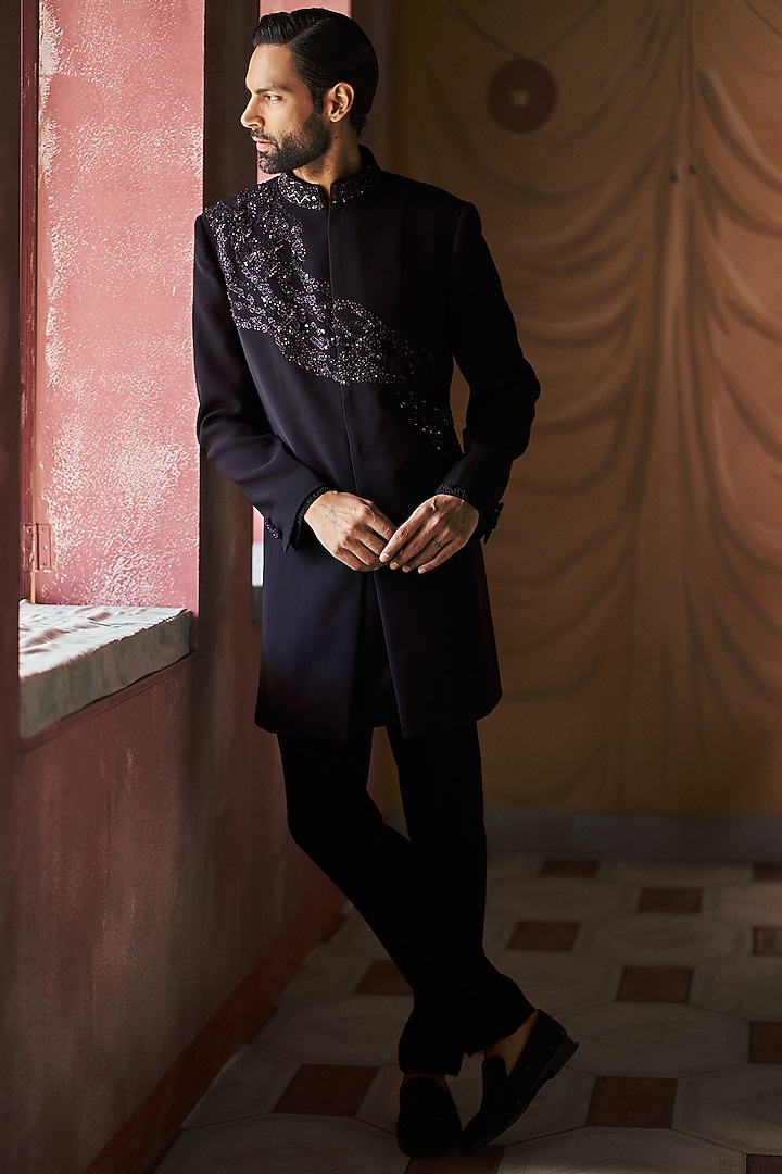 Black Japanese Crepe Embroidered Achkan Jacket Set by Dolly J MAN at Pernia's Pop Up Shop