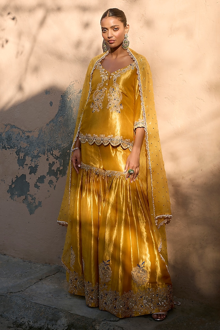Yellow Tissue Zari Embroidered Bridal Sharara Set by Dolly J at Pernia's Pop Up Shop