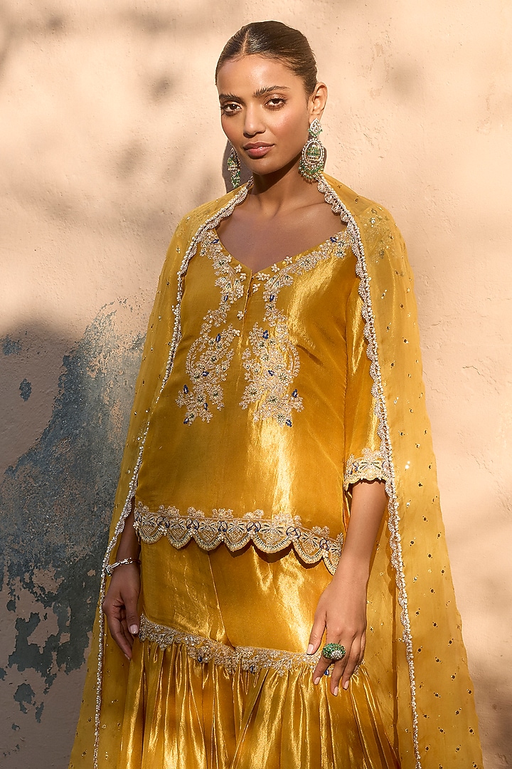 Yellow Tissue Zari Embroidered Bridal Sharara Set by Dolly J at Pernia's Pop Up Shop