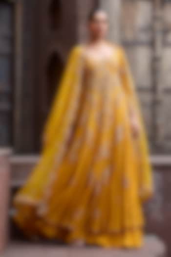 Yellow Chiffon Kamdani Bridal Anarkali Set by Dolly J at Pernia's Pop Up Shop