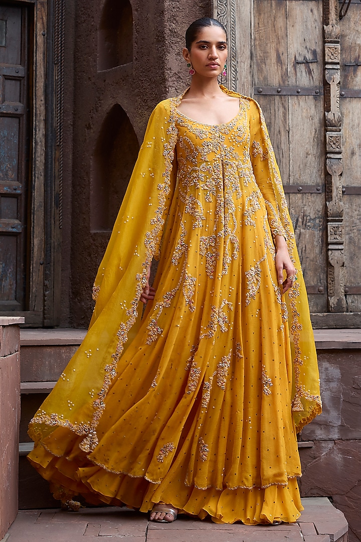 Yellow Chiffon Kamdani Bridal Anarkali Set by Dolly J at Pernia's Pop Up Shop
