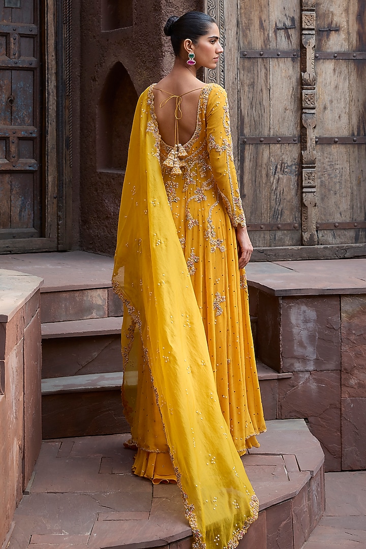 Yellow Chiffon Kamdani Bridal Anarkali Set by Dolly J at Pernia's Pop Up Shop