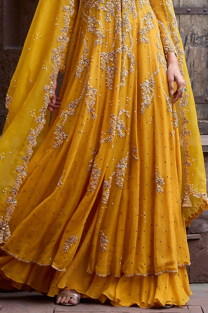 Yellow Chiffon Kamdani Bridal Anarkali Set by Dolly J at Pernia's Pop Up Shop