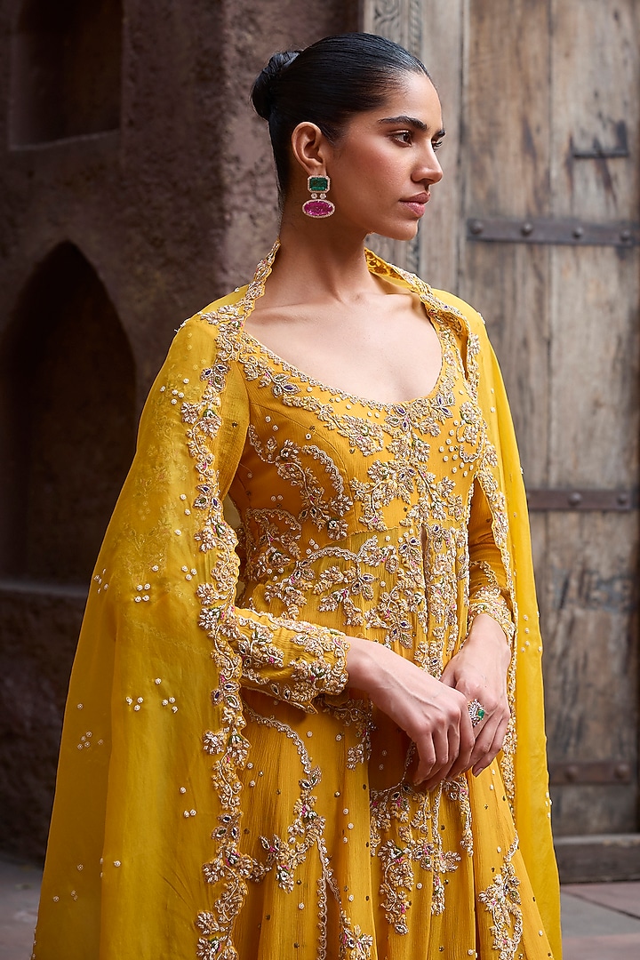 Yellow Chiffon Kamdani Bridal Anarkali Set by Dolly J at Pernia's Pop Up Shop