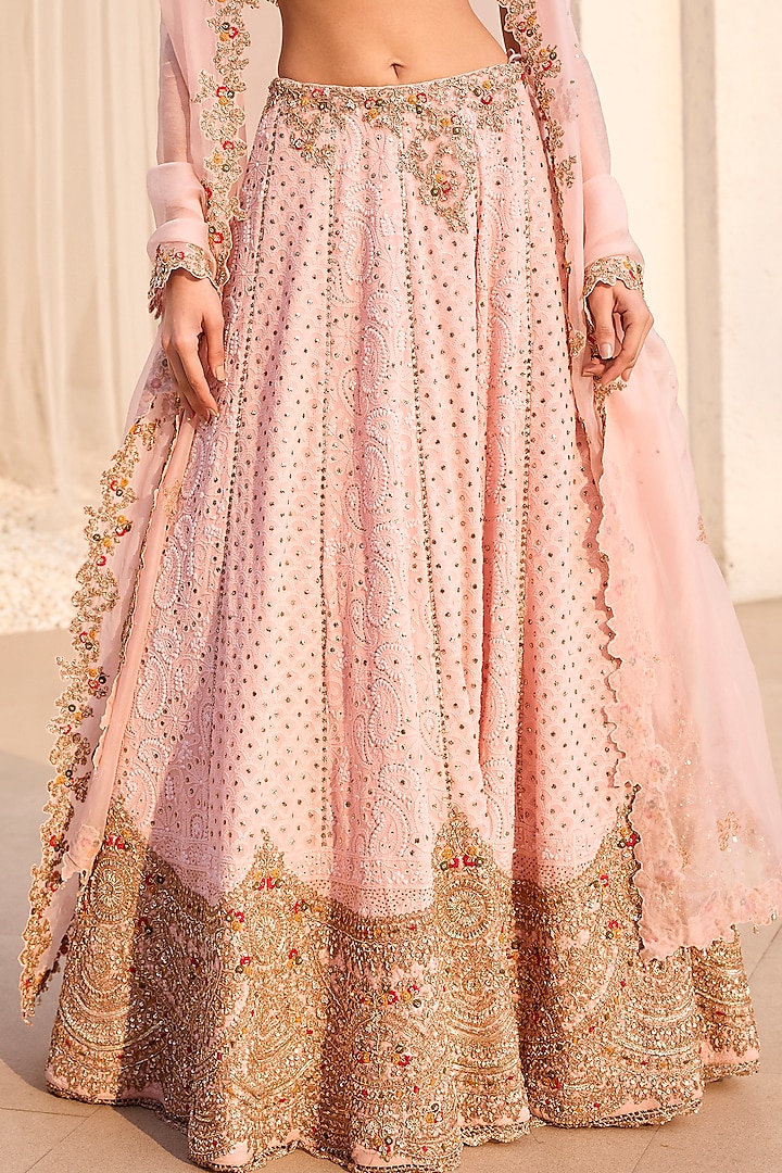 Petal Pink Chiffon Zardosi Embroidered Chikankari Bridal Lehenga Set by Dolly J at Pernia's Pop Up Shop