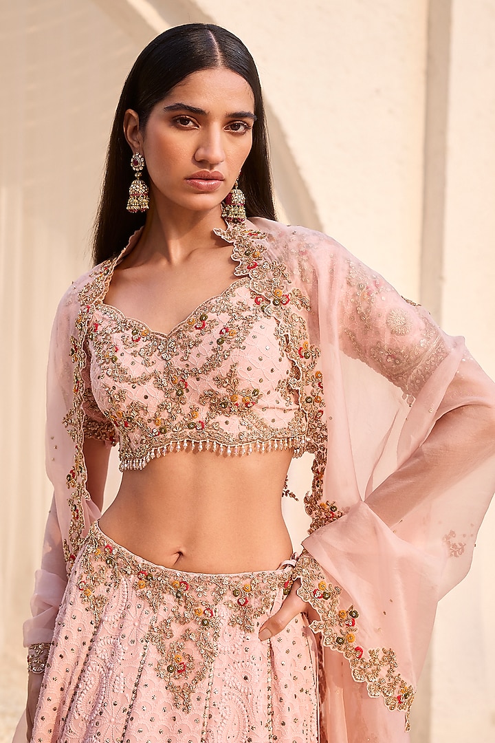 Petal Pink Chiffon Zardosi Embroidered Chikankari Bridal Lehenga Set by Dolly J at Pernia's Pop Up Shop