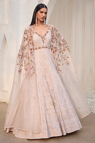 Ivory Chiffon Chikankari Hand Embroidered Anarkali Set by Dolly J