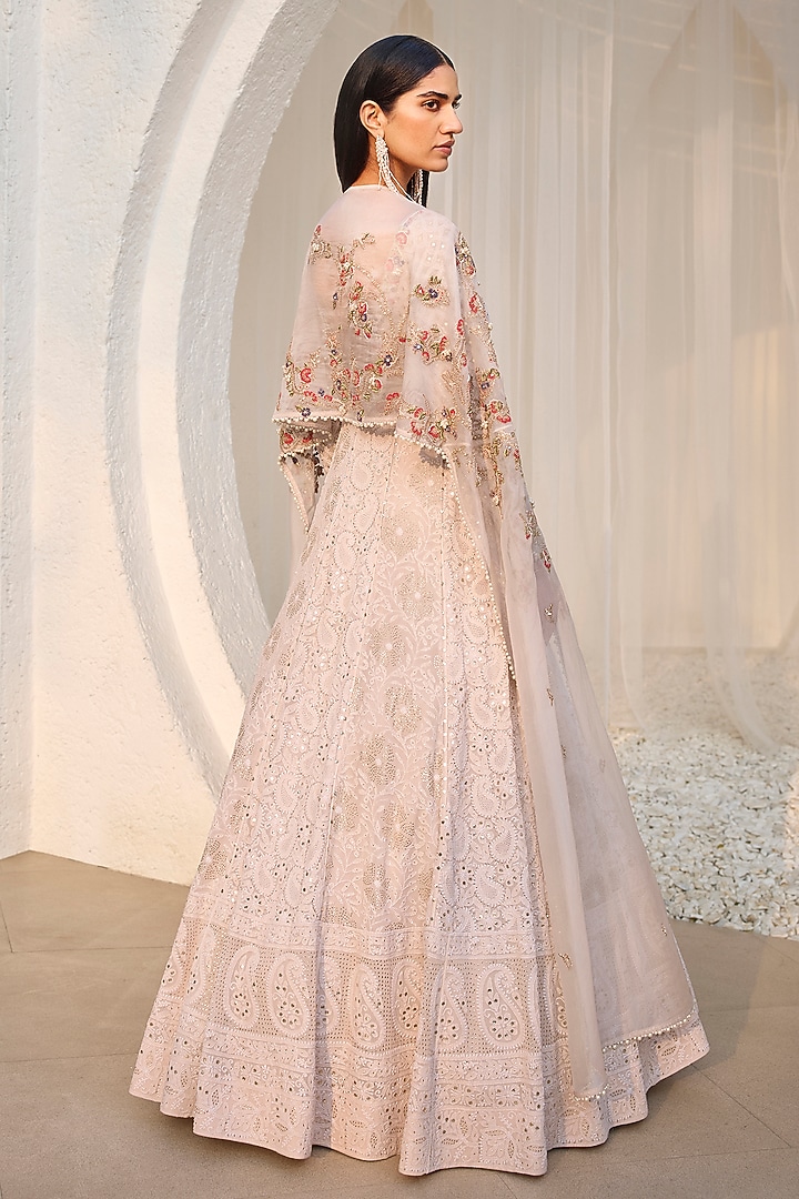 Ivory Chiffon Chikankari Hand Embroidered Bridal Anarkali Set by Dolly J at Pernia's Pop Up Shop