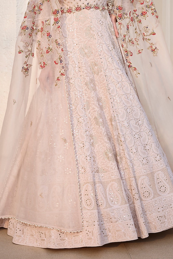 Ivory Chiffon Chikankari Hand Embroidered Bridal Anarkali Set by Dolly J at Pernia's Pop Up Shop