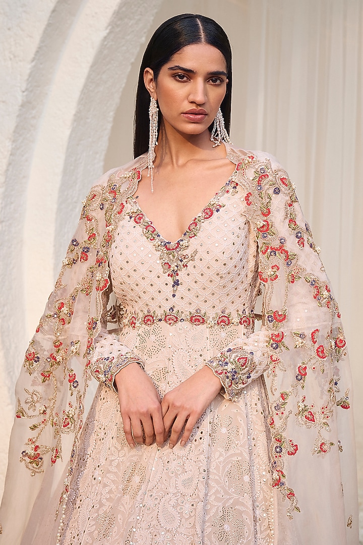 Ivory Chiffon Chikankari Hand Embroidered Bridal Anarkali Set by Dolly J at Pernia's Pop Up Shop