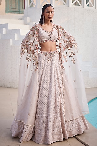 Ivory Chiffon Chikankari Hand Embroidered Lehenga Set by Dolly J