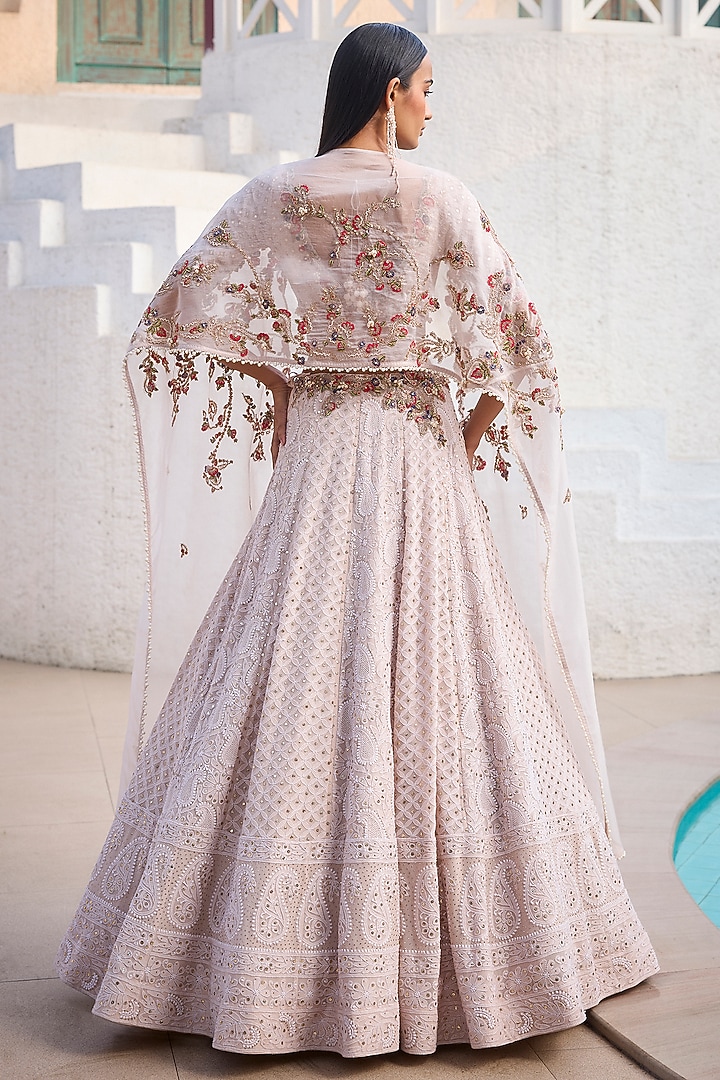 Ivory Chiffon Chikankari Hand Embroidered Bridal Lehenga Set by Dolly J at Pernia's Pop Up Shop