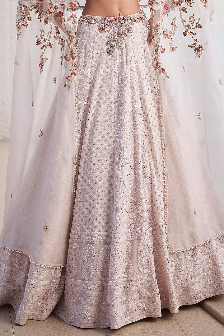 Ivory Chiffon Chikankari Hand Embroidered Bridal Lehenga Set by Dolly J at Pernia's Pop Up Shop