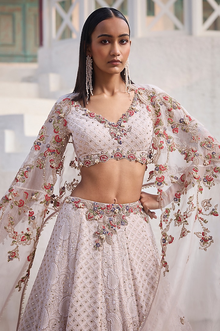 Ivory Chiffon Chikankari Hand Embroidered Bridal Lehenga Set by Dolly J at Pernia's Pop Up Shop