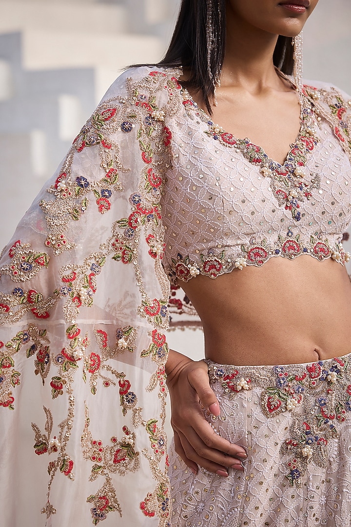 Ivory Chiffon Chikankari Hand Embroidered Bridal Lehenga Set by Dolly J at Pernia's Pop Up Shop