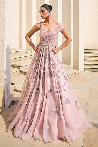 Mauve Organza Zardosi Embroidered Gown by Dolly J