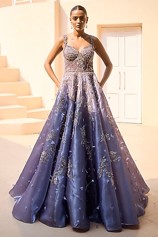 Periwinkle Organza Feather Hand Embroidered Gown by Dolly J