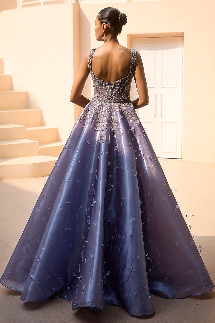 Periwinkle Organza Feather Hand Embroidered Bridal Gown by Dolly J at Pernia's Pop Up Shop