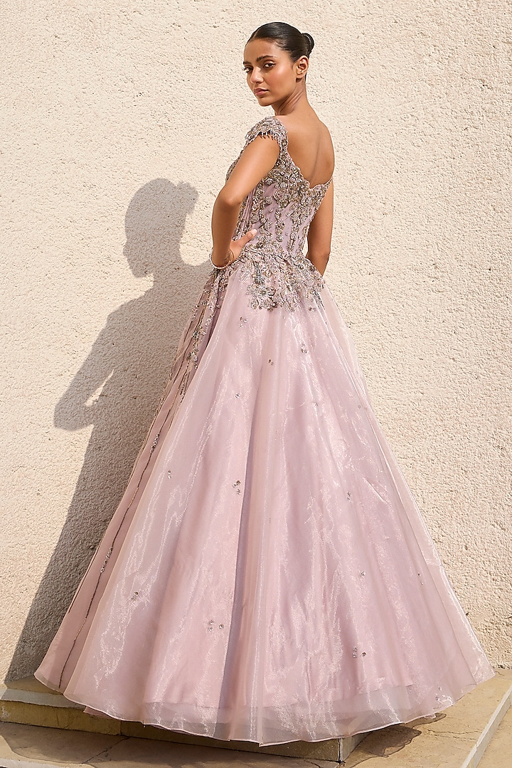 Mauve Organza Hand Embroidered Off-Shoulder Bridal Gown by Dolly J at Pernia's Pop Up Shop