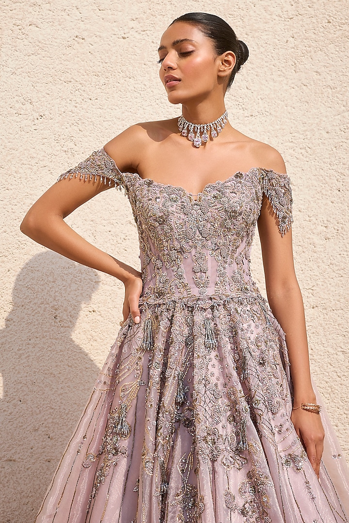 Mauve Organza Hand Embroidered Off-Shoulder Bridal Gown by Dolly J at Pernia's Pop Up Shop