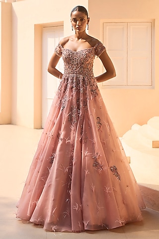 Peach Organza Zardosi Embroidered Gown by Dolly J at Pernia's Pop Up Shop  2025