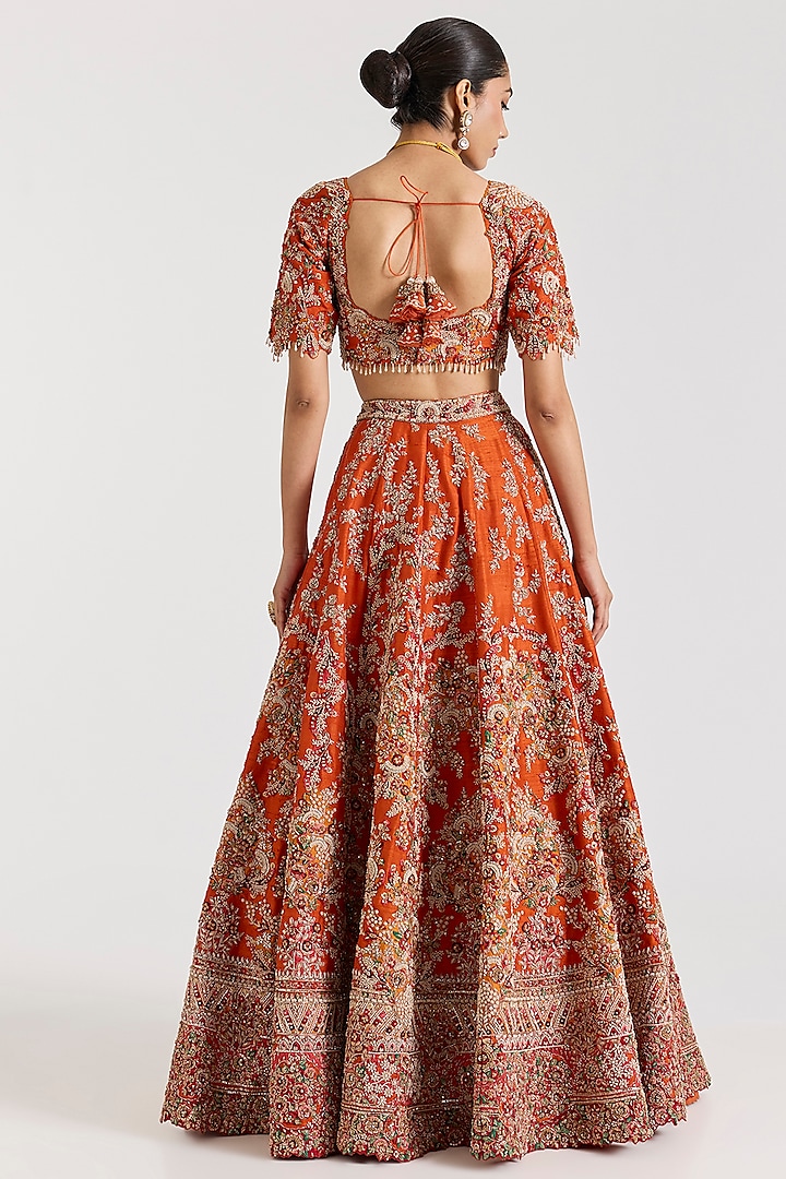Sunset Orange Raw Silk Dori & Pearl Work Bridal Lehenga Set by Dolly J at Pernia's Pop Up Shop
