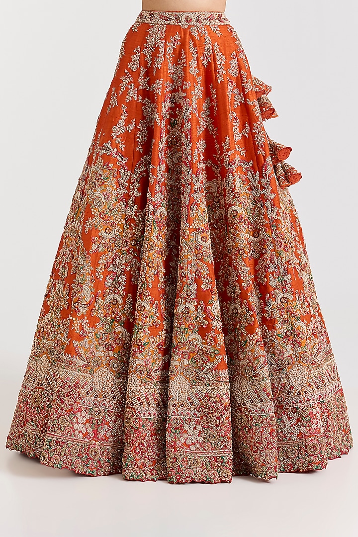 Sunset Orange Raw Silk Dori & Pearl Work Bridal Lehenga Set by Dolly J at Pernia's Pop Up Shop