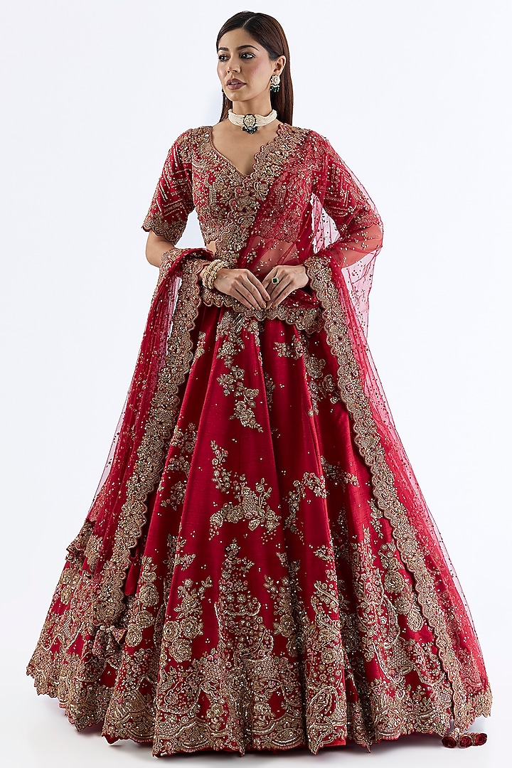 Red Raw Silk Bridal Lehenga Set by Dolly J at Pernia's Pop Up Shop