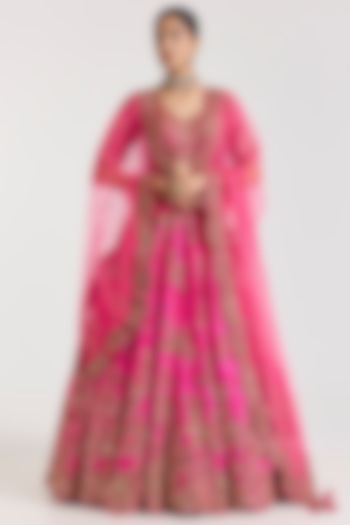 Fuchsia Pink Raw Silk Embroidered Bridal Lehenga Set by Dolly J at Pernia's Pop Up Shop