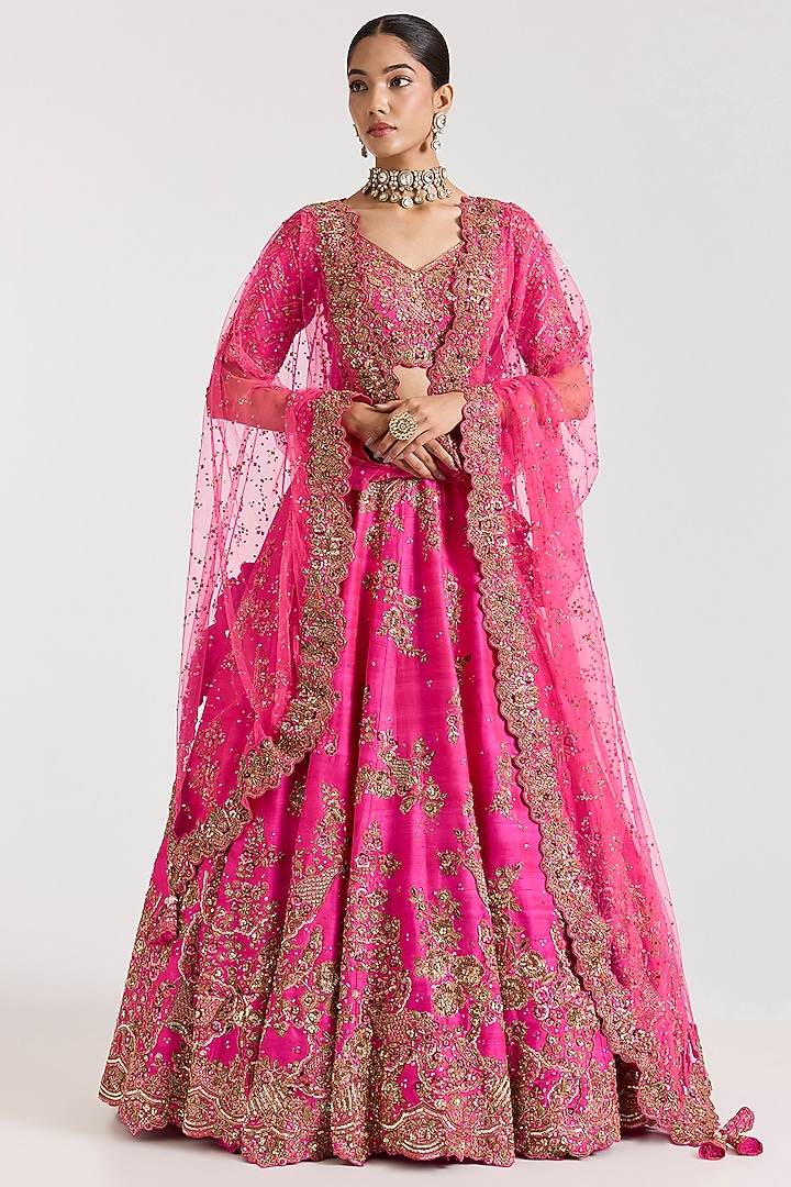 Fuchsia Pink Raw Silk Embroidered Bridal Lehenga Set by Dolly J at Pernia's Pop Up Shop