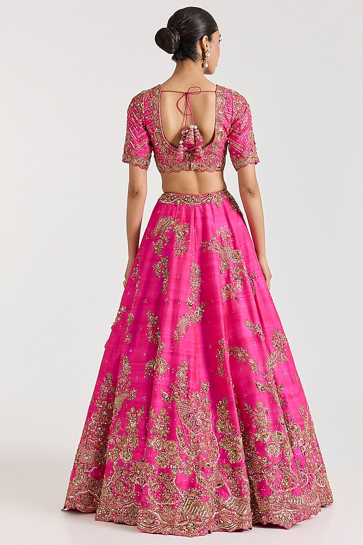 Fuchsia Pink Raw Silk Embroidered Bridal Lehenga Set by Dolly J at Pernia's Pop Up Shop