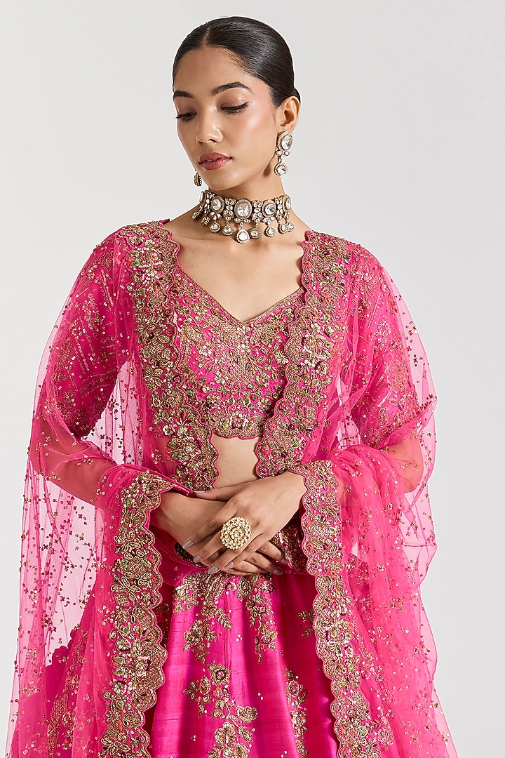 Fuchsia Pink Raw Silk Embroidered Bridal Lehenga Set by Dolly J at Pernia's Pop Up Shop