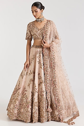 Ivory Raw Silk Embroidered Lehenga Set by Dolly J