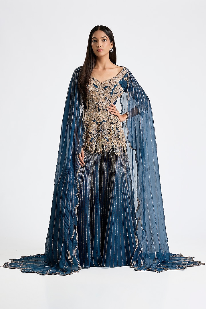 Navy Blue Organza Crystal Embroidered Bridal Sharara Set by Dolly J at Pernia's Pop Up Shop