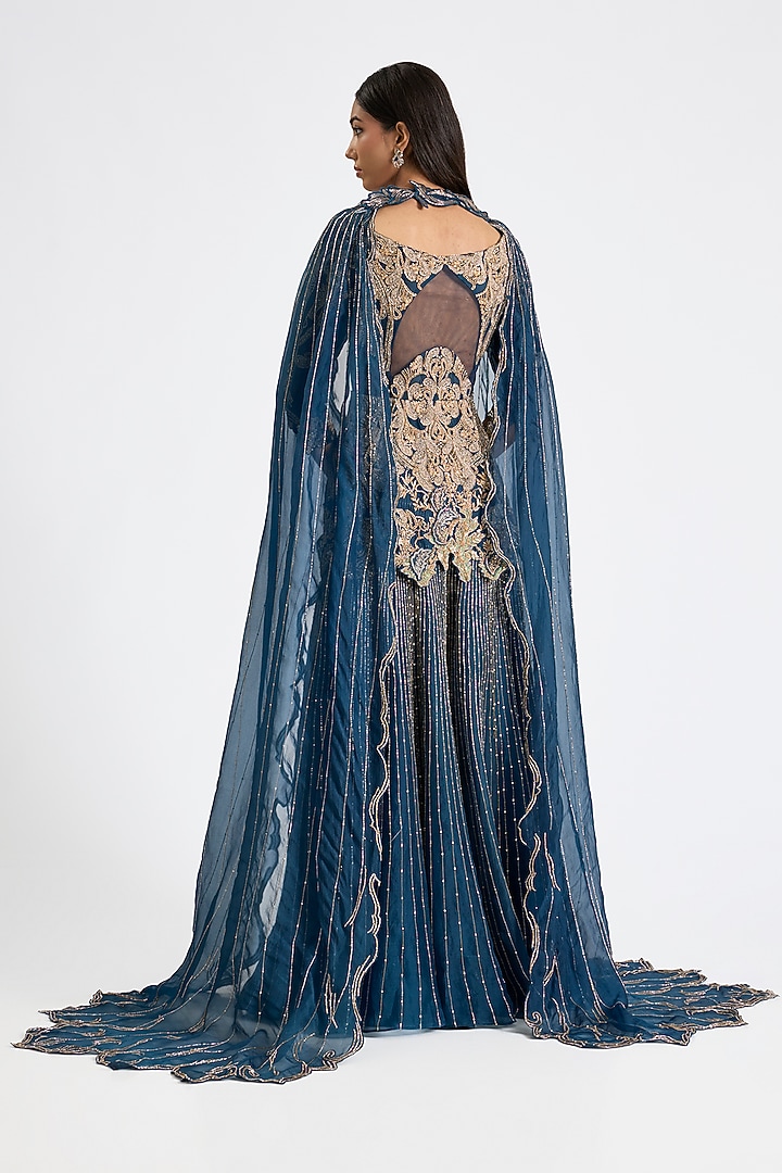 Navy Blue Organza Crystal Embroidered Bridal Sharara Set by Dolly J at Pernia's Pop Up Shop