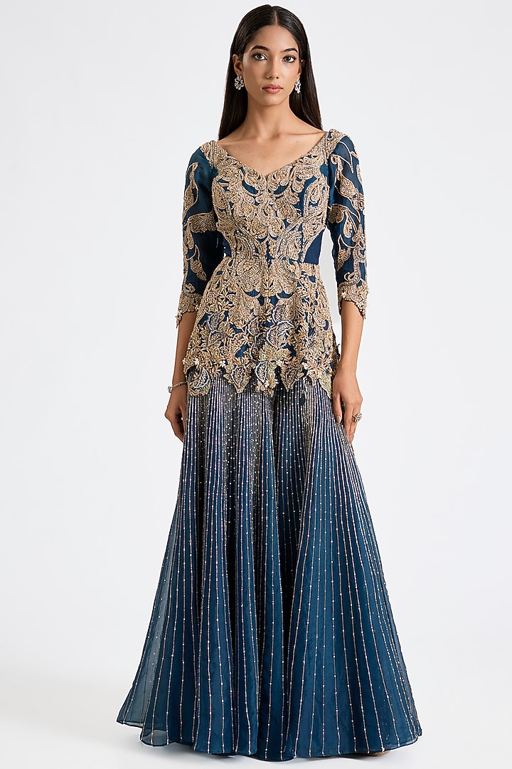 Navy Blue Organza Crystal Embroidered Bridal Sharara Set by Dolly J at Pernia's Pop Up Shop