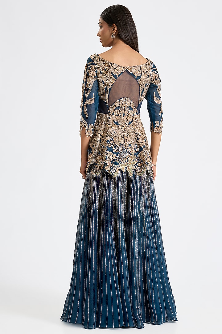 Navy Blue Organza Crystal Embroidered Bridal Sharara Set by Dolly J at Pernia's Pop Up Shop